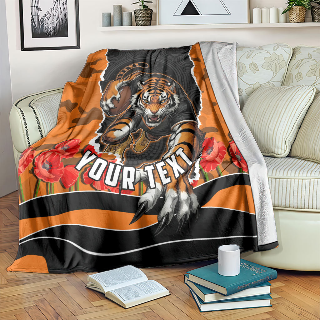 Personalized Wests Tigers ANZAC Tribute Blanket Poppy Field Soldier Silhouette Aboriginal Rugby Mascot