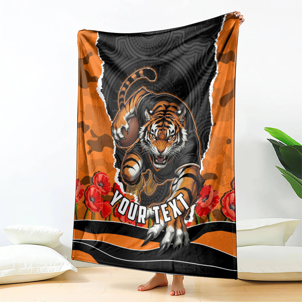 Personalized Wests Tigers ANZAC Tribute Blanket Poppy Field Soldier Silhouette Aboriginal Rugby Mascot