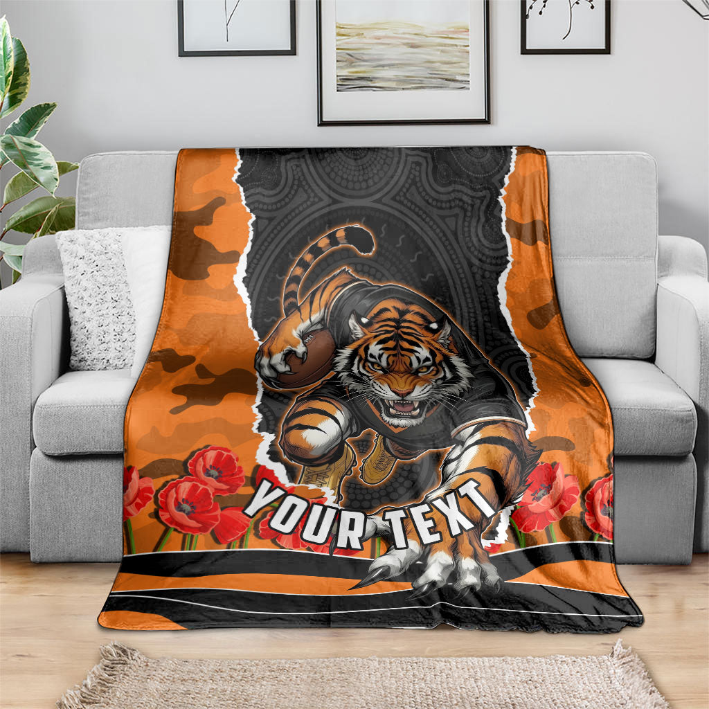Personalized Wests Tigers ANZAC Tribute Blanket Poppy Field Soldier Silhouette Aboriginal Rugby Mascot