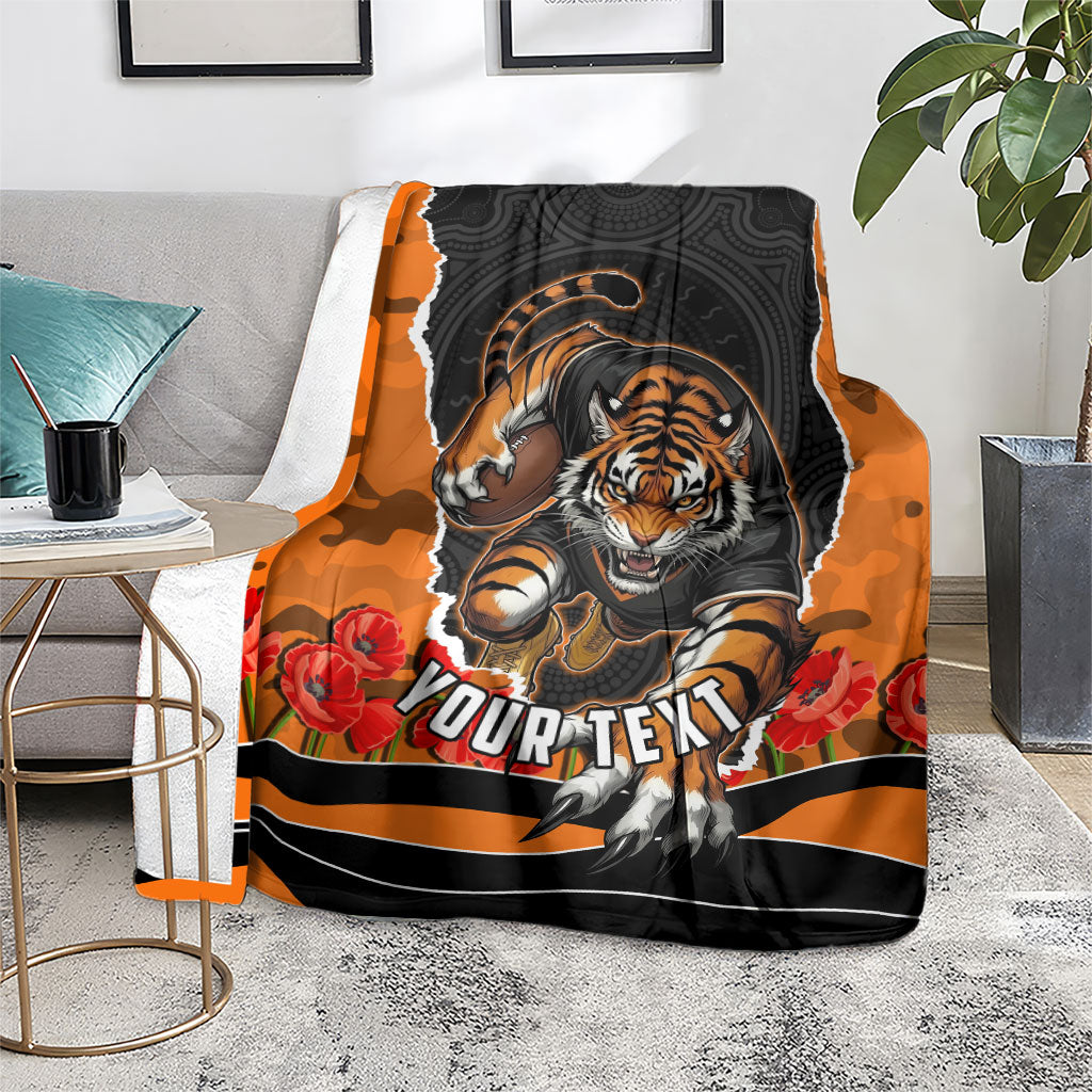 Personalized Wests Tigers ANZAC Tribute Blanket Poppy Field Soldier Silhouette Aboriginal Rugby Mascot