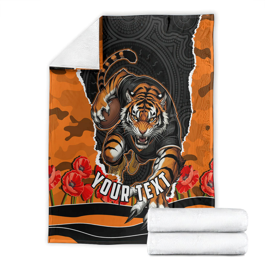 Personalized Wests Tigers ANZAC Tribute Blanket Poppy Field Soldier Silhouette Aboriginal Rugby Mascot