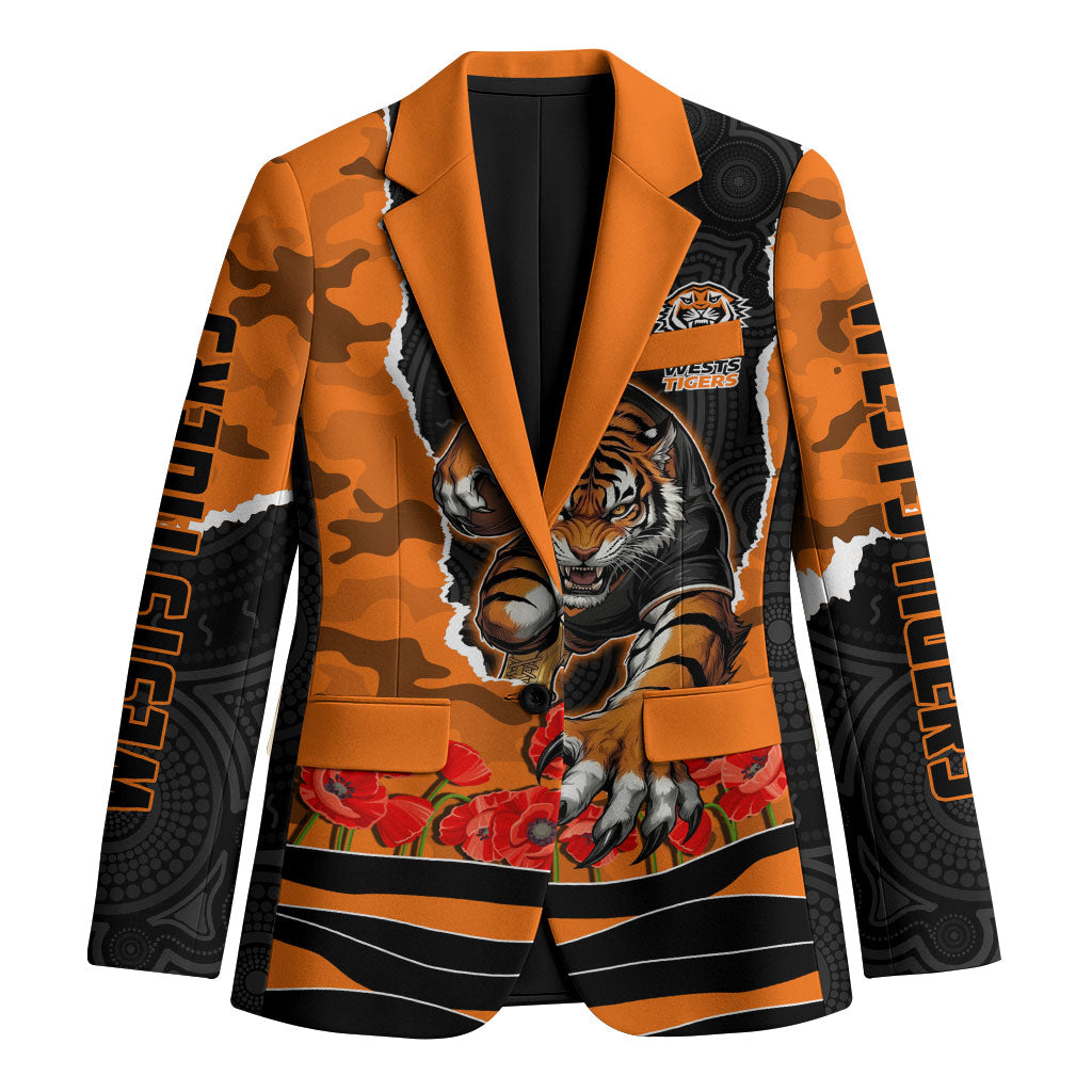 Personalized Wests Tigers ANZAC Tribute Blazer Poppy Field Soldier Silhouette Aboriginal Rugby Mascot