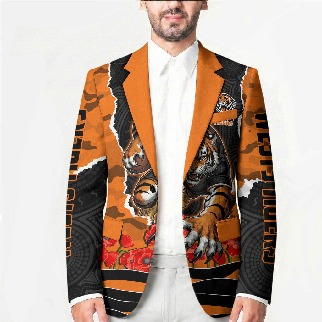 Personalized Wests Tigers ANZAC Tribute Blazer Poppy Field Soldier Silhouette Aboriginal Rugby Mascot