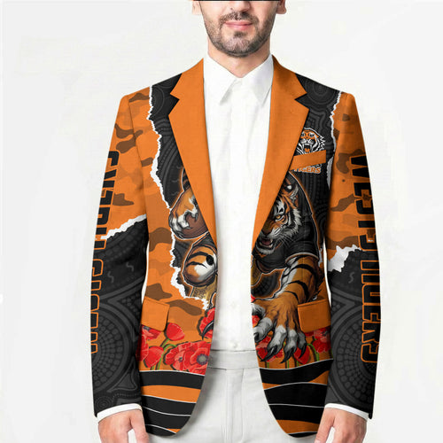 Personalized Wests Tigers ANZAC Tribute Blazer Poppy Field Soldier Silhouette Aboriginal Rugby Mascot