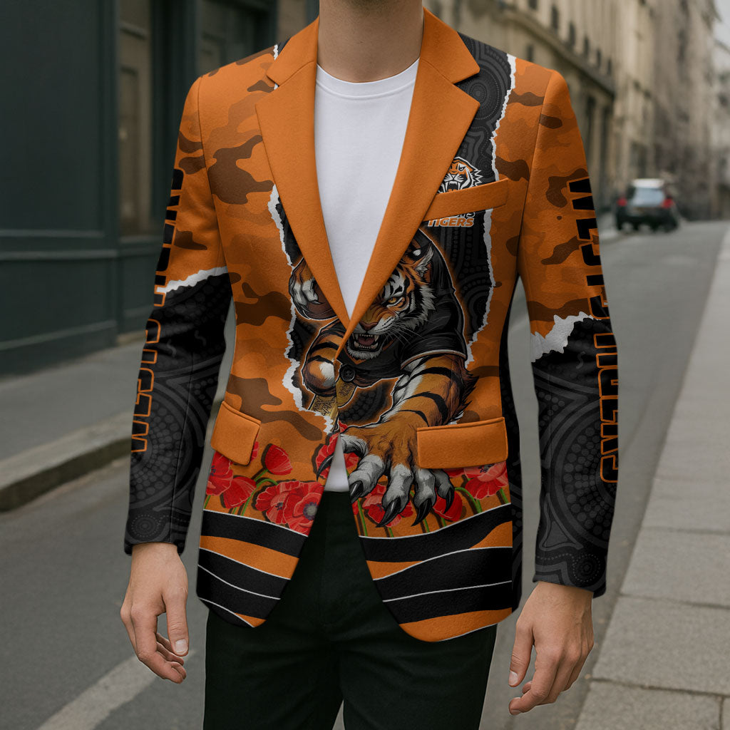 Personalized Wests Tigers ANZAC Tribute Blazer Poppy Field Soldier Silhouette Aboriginal Rugby Mascot
