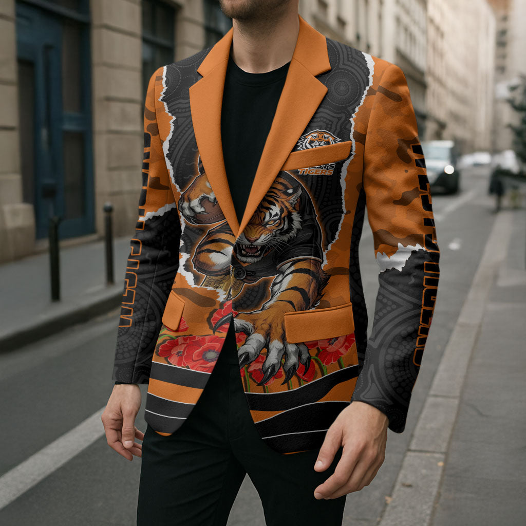 Personalized Wests Tigers ANZAC Tribute Blazer Poppy Field Soldier Silhouette Aboriginal Rugby Mascot