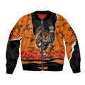 Personalized Wests Tigers ANZAC Tribute Bomber Jacket Poppy Field Soldier Silhouette Aboriginal Rugby Mascot