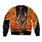 Personalized Wests Tigers ANZAC Tribute Bomber Jacket Poppy Field Soldier Silhouette Aboriginal Rugby Mascot