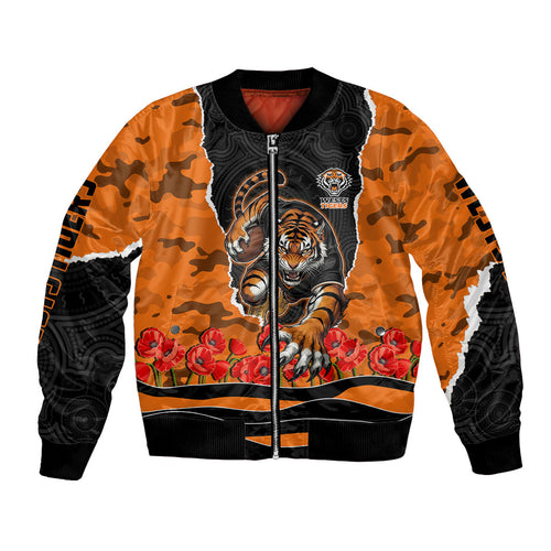 Personalized Wests Tigers ANZAC Tribute Bomber Jacket Poppy Field Soldier Silhouette Aboriginal Rugby Mascot