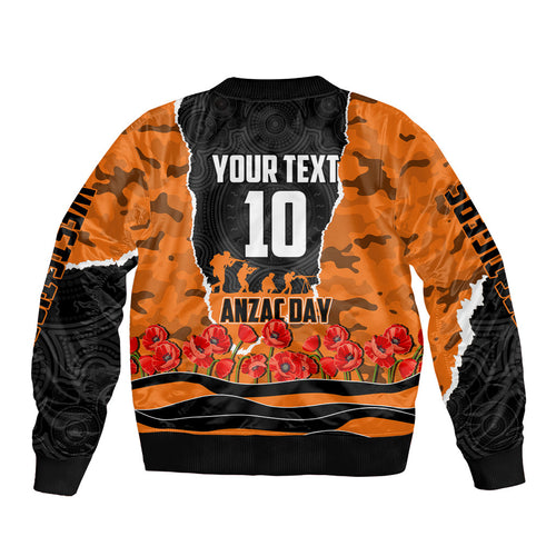 Personalized Wests Tigers ANZAC Tribute Bomber Jacket Poppy Field Soldier Silhouette Aboriginal Rugby Mascot