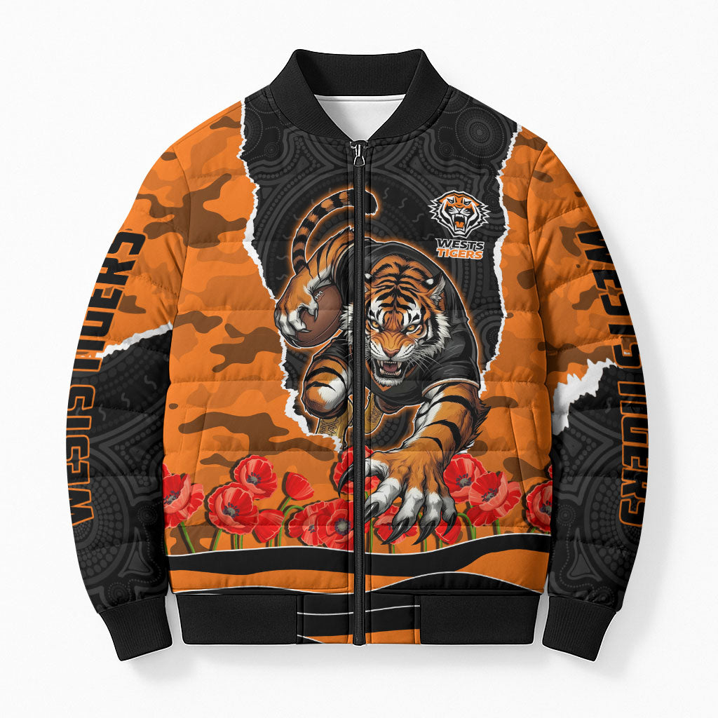 Personalized Wests Tigers ANZAC Tribute Bomber Puffer Jacket Poppy Field Soldier Silhouette Aboriginal Rugby Mascot