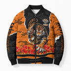 Personalized Wests Tigers ANZAC Tribute Bomber Puffer Jacket Poppy Field Soldier Silhouette Aboriginal Rugby Mascot