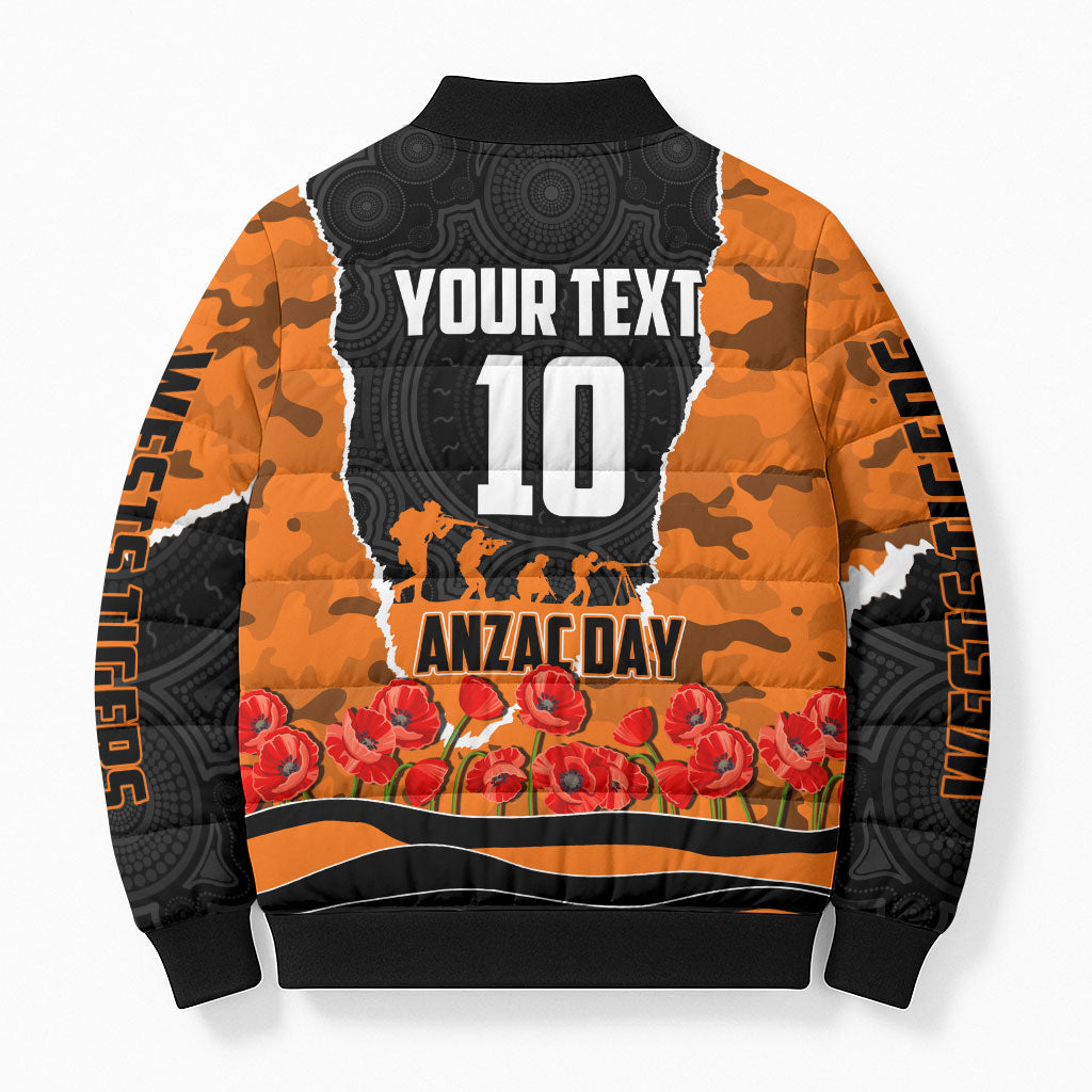 Personalized Wests Tigers ANZAC Tribute Bomber Puffer Jacket Poppy Field Soldier Silhouette Aboriginal Rugby Mascot