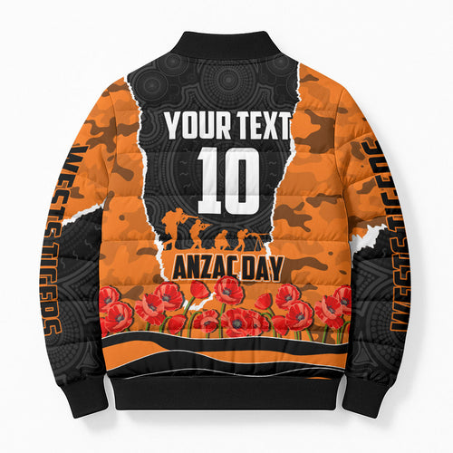 Personalized Wests Tigers ANZAC Tribute Bomber Puffer Jacket Poppy Field Soldier Silhouette Aboriginal Rugby Mascot