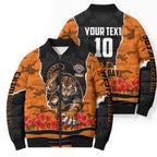 Personalized Wests Tigers ANZAC Tribute Bomber Puffer Jacket Poppy Field Soldier Silhouette Aboriginal Rugby Mascot