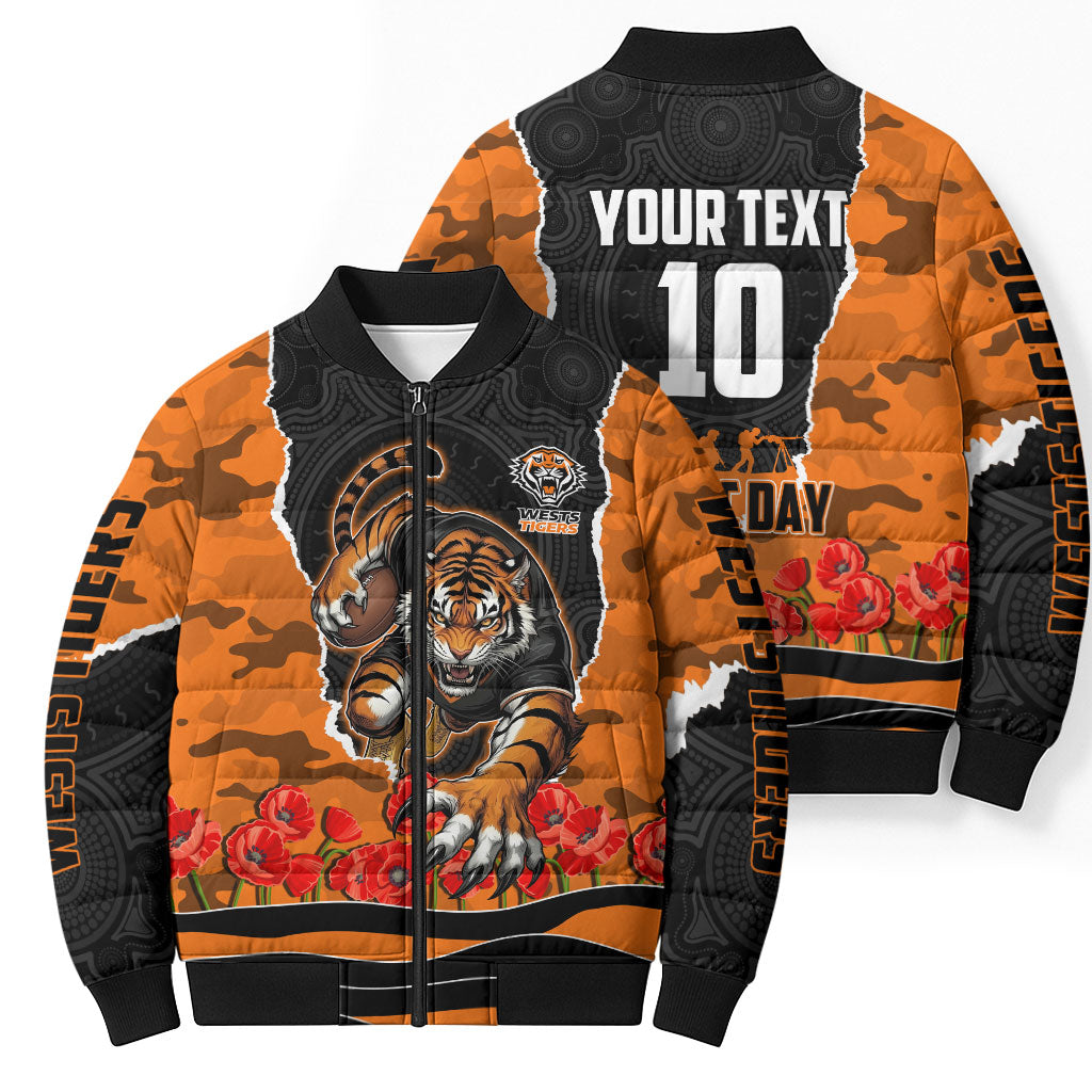 Personalized Wests Tigers ANZAC Tribute Bomber Puffer Jacket Poppy Field Soldier Silhouette Aboriginal Rugby Mascot