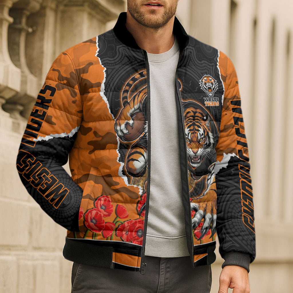 Personalized Wests Tigers ANZAC Tribute Bomber Puffer Jacket Poppy Field Soldier Silhouette Aboriginal Rugby Mascot