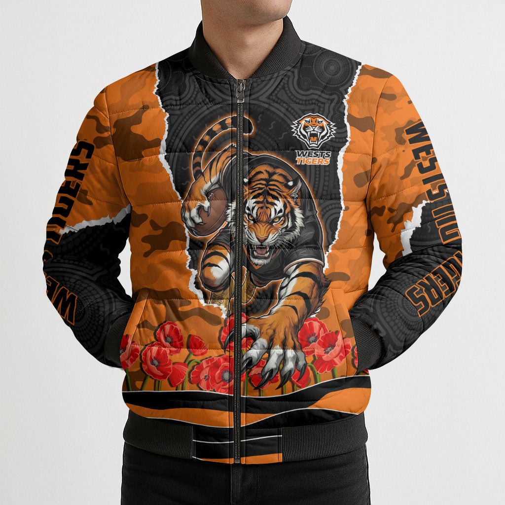 Personalized Wests Tigers ANZAC Tribute Bomber Puffer Jacket Poppy Field Soldier Silhouette Aboriginal Rugby Mascot