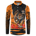 Personalized Wests Tigers ANZAC Tribute Button Sweatshirt Poppy Field Soldier Silhouette Aboriginal Rugby Mascot