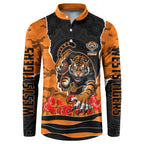 Personalized Wests Tigers ANZAC Tribute Button Sweatshirt Poppy Field Soldier Silhouette Aboriginal Rugby Mascot