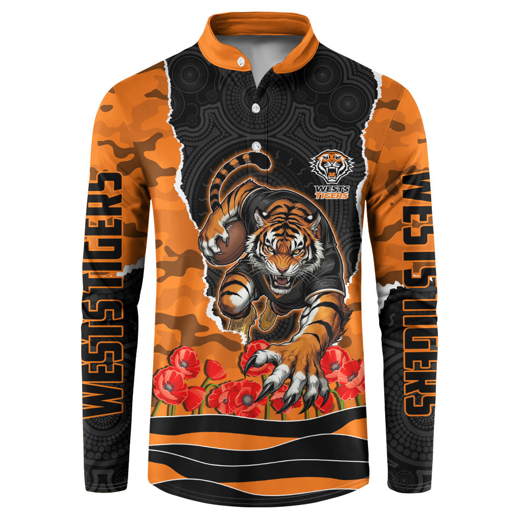 Personalized Wests Tigers ANZAC Tribute Button Sweatshirt Poppy Field Soldier Silhouette Aboriginal Rugby Mascot