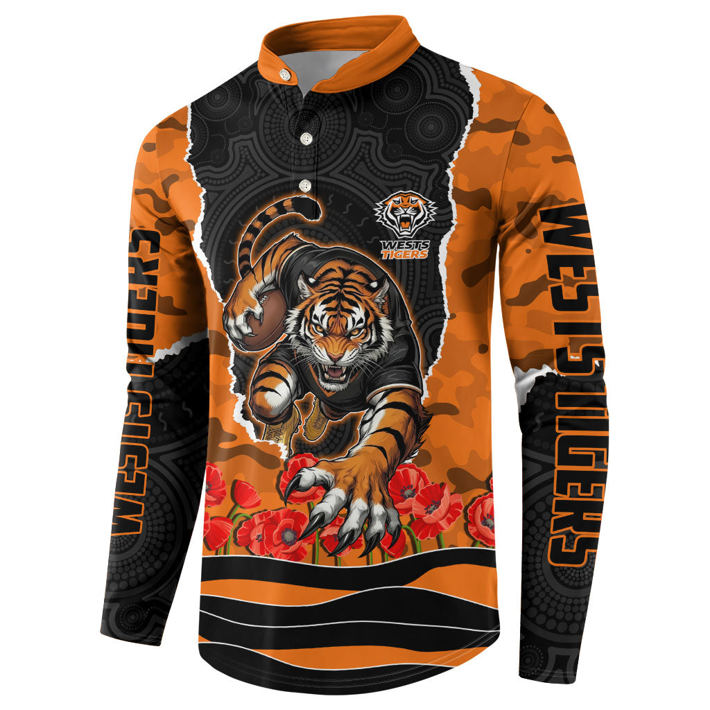 Personalized Wests Tigers ANZAC Tribute Button Sweatshirt Poppy Field Soldier Silhouette Aboriginal Rugby Mascot