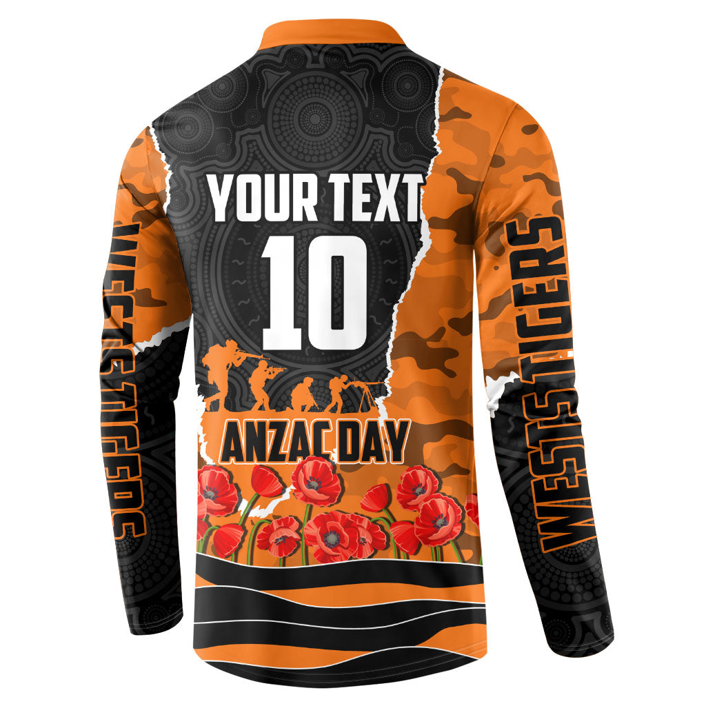 Personalized Wests Tigers ANZAC Tribute Button Sweatshirt Poppy Field Soldier Silhouette Aboriginal Rugby Mascot