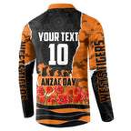 Personalized Wests Tigers ANZAC Tribute Button Sweatshirt Poppy Field Soldier Silhouette Aboriginal Rugby Mascot