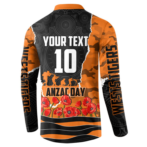 Personalized Wests Tigers ANZAC Tribute Button Sweatshirt Poppy Field Soldier Silhouette Aboriginal Rugby Mascot
