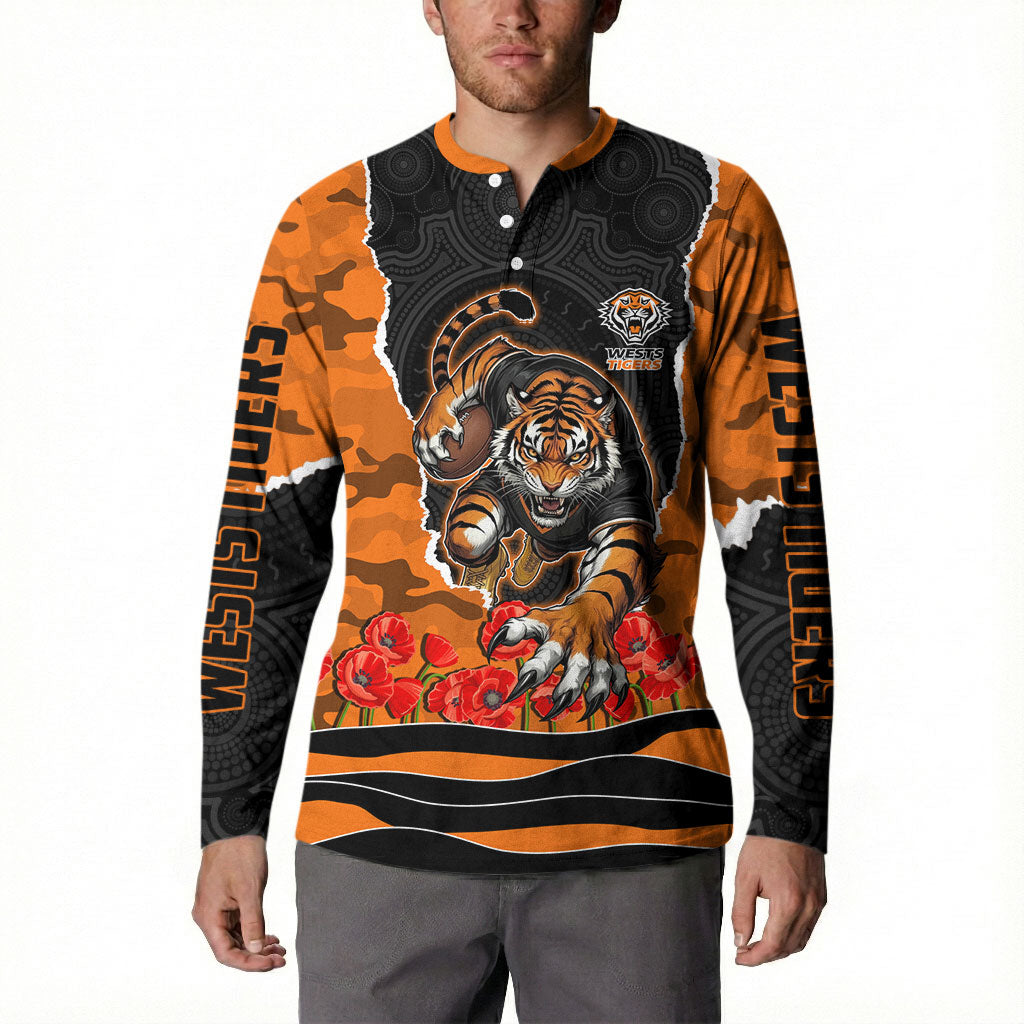Personalized Wests Tigers ANZAC Tribute Button Sweatshirt Poppy Field Soldier Silhouette Aboriginal Rugby Mascot