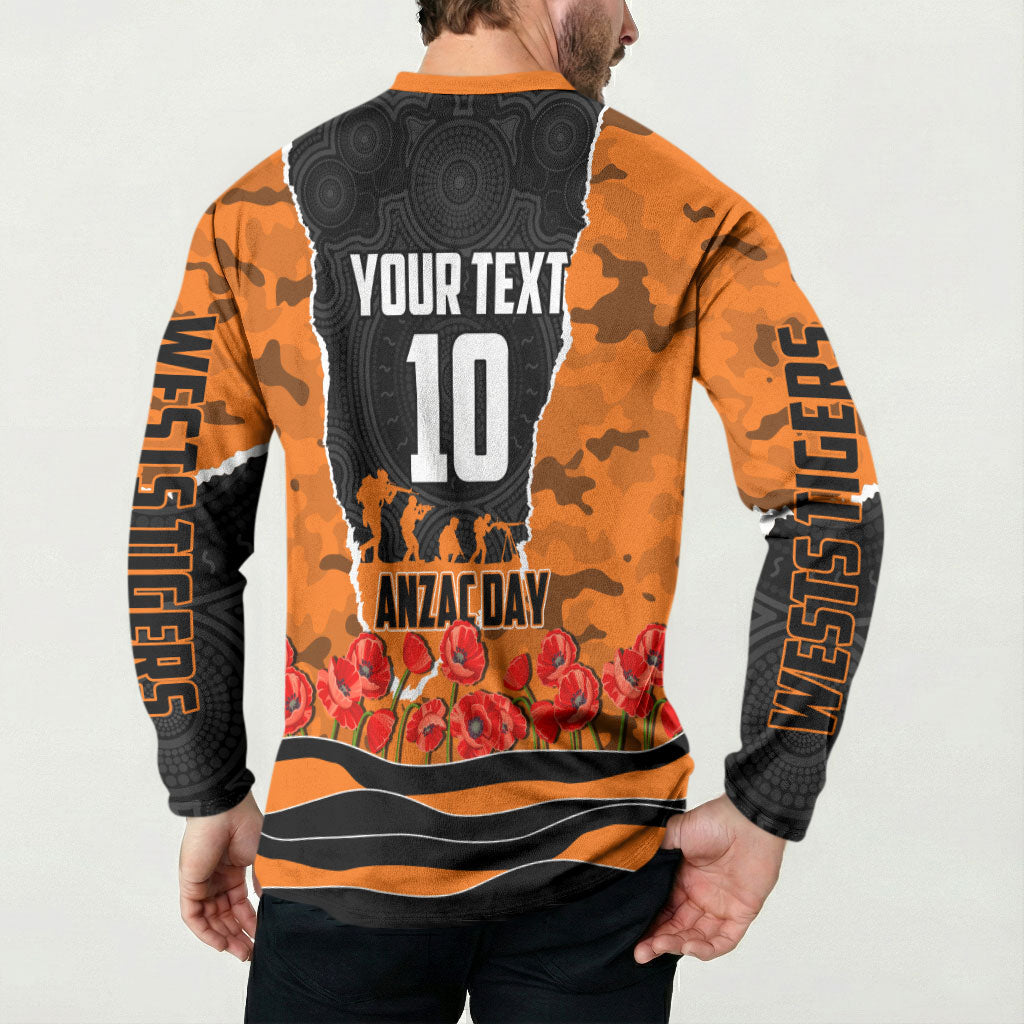 Personalized Wests Tigers ANZAC Tribute Button Sweatshirt Poppy Field Soldier Silhouette Aboriginal Rugby Mascot