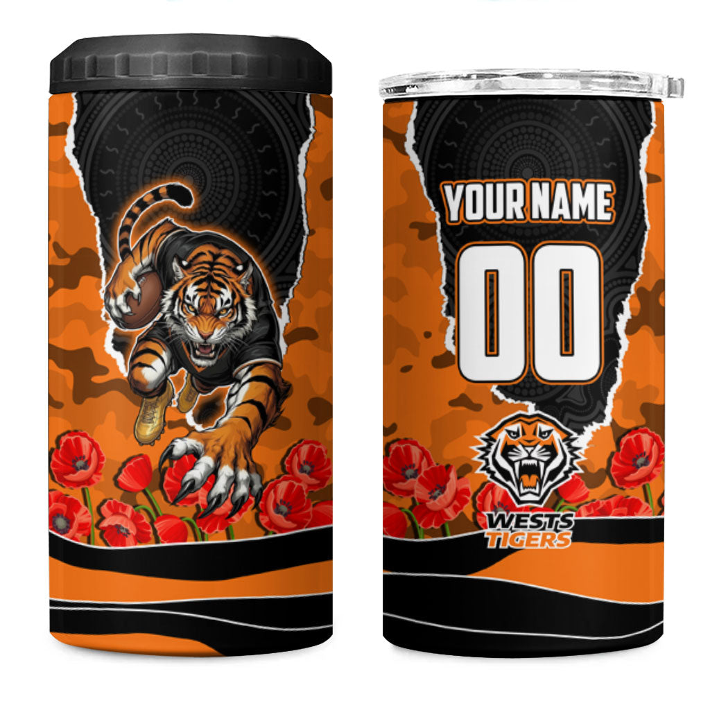 Personalized Wests Tigers ANZAC Tribute 4 in 1 Can Cooler Tumbler Poppy Field Soldier Silhouette Aboriginal Rugby Mascot