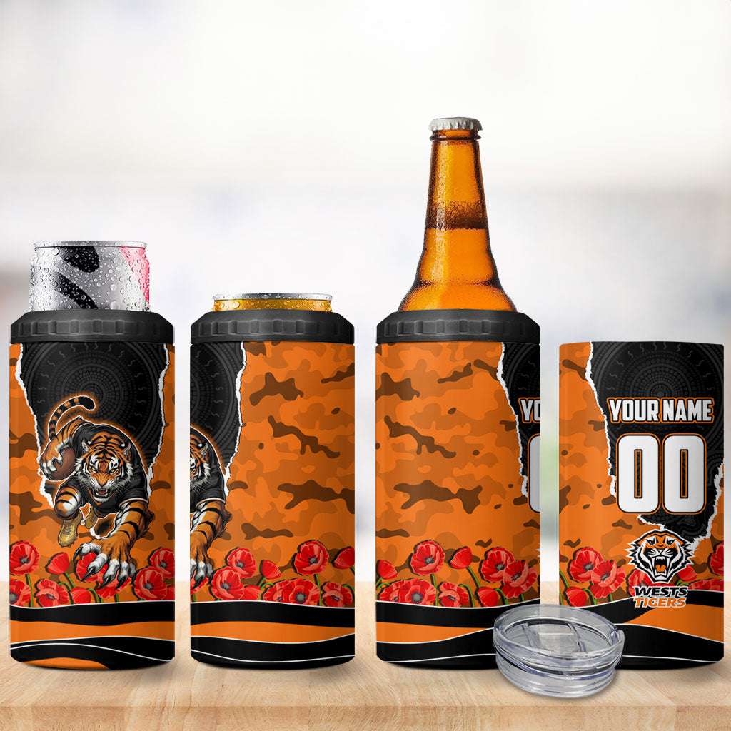 Personalized Wests Tigers ANZAC Tribute 4 in 1 Can Cooler Tumbler Poppy Field Soldier Silhouette Aboriginal Rugby Mascot