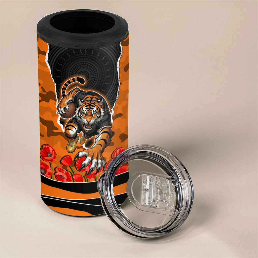 Personalized Wests Tigers ANZAC Tribute 4 in 1 Can Cooler Tumbler Poppy Field Soldier Silhouette Aboriginal Rugby Mascot