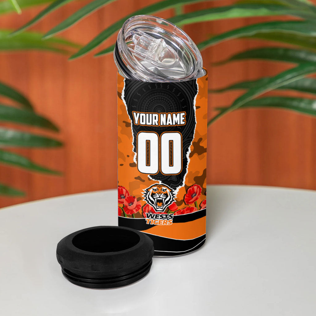 Personalized Wests Tigers ANZAC Tribute 4 in 1 Can Cooler Tumbler Poppy Field Soldier Silhouette Aboriginal Rugby Mascot