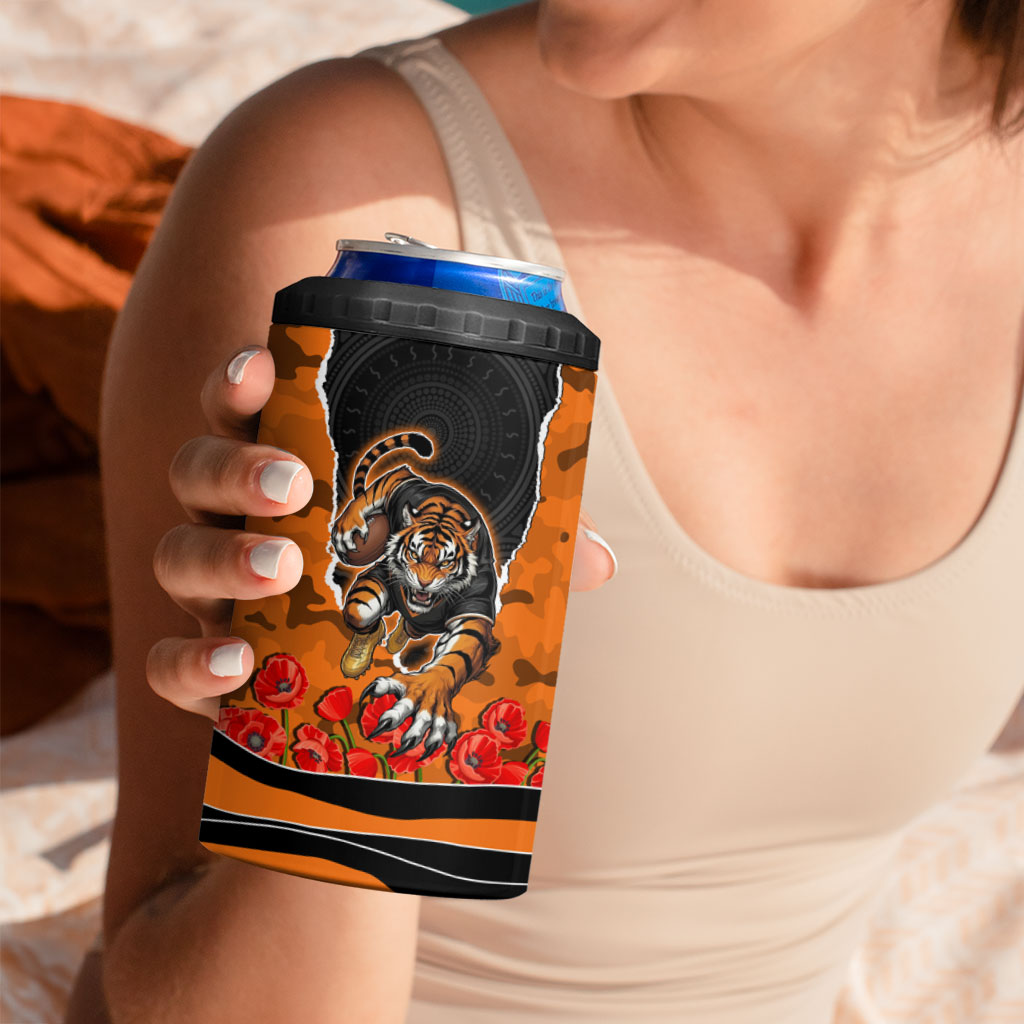 Personalized Wests Tigers ANZAC Tribute 4 in 1 Can Cooler Tumbler Poppy Field Soldier Silhouette Aboriginal Rugby Mascot