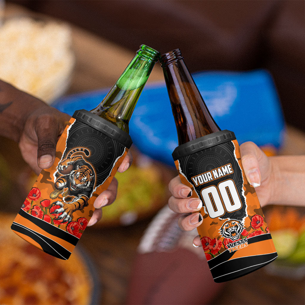 Personalized Wests Tigers ANZAC Tribute 4 in 1 Can Cooler Tumbler Poppy Field Soldier Silhouette Aboriginal Rugby Mascot