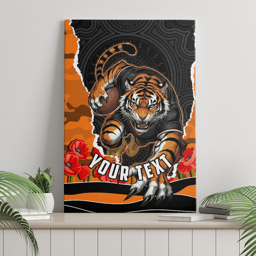 Personalized Wests Tigers ANZAC Tribute Canvas Wall Art Poppy Field Soldier Silhouette Aboriginal Rugby Mascot