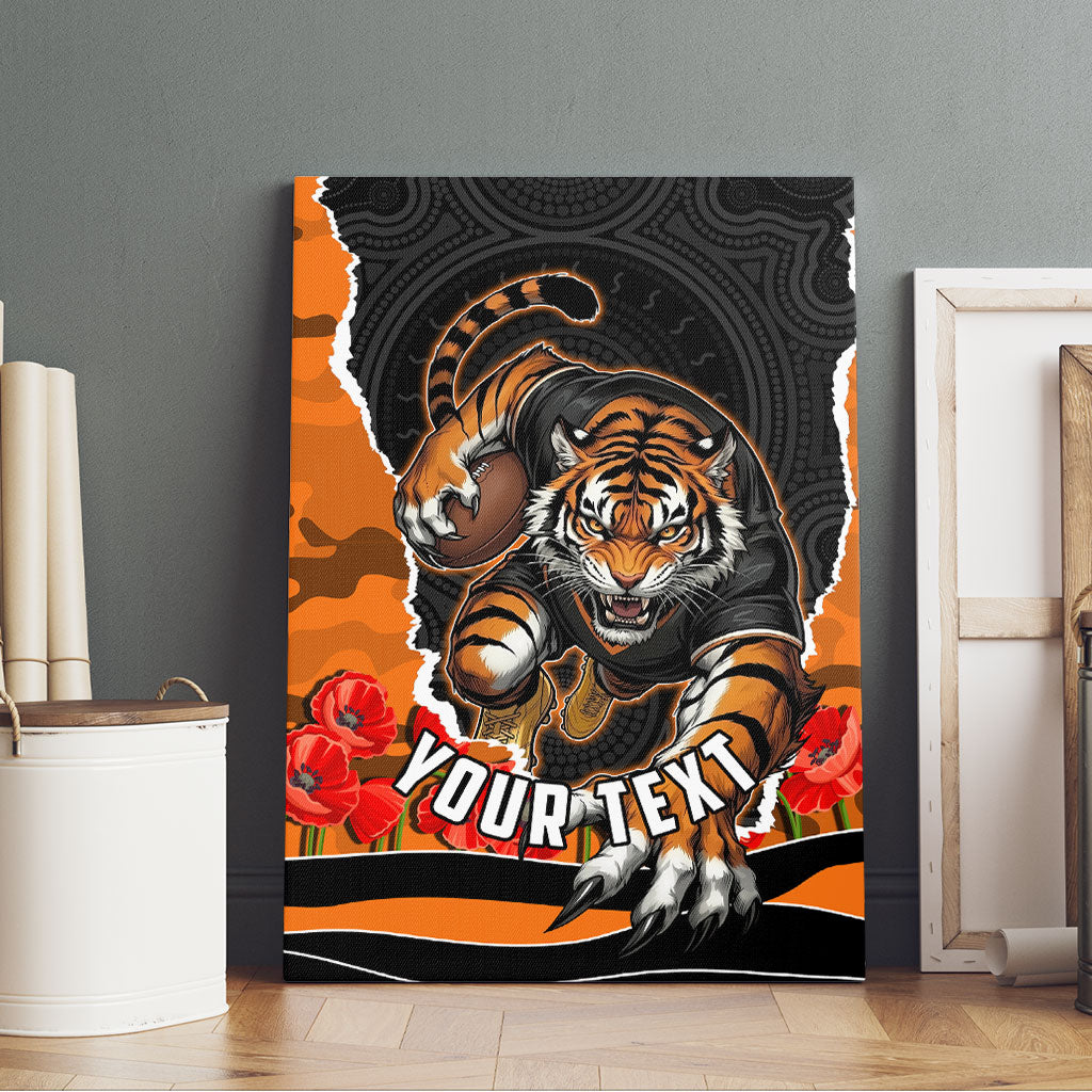 Personalized Wests Tigers ANZAC Tribute Canvas Wall Art Poppy Field Soldier Silhouette Aboriginal Rugby Mascot