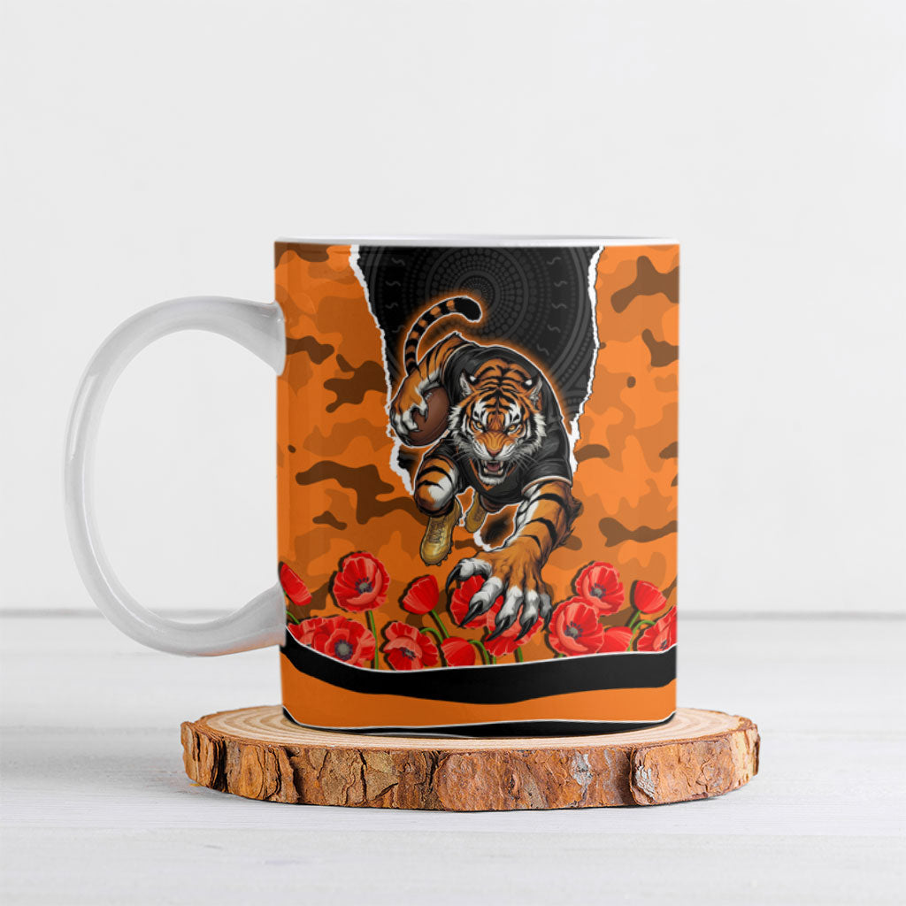 Personalized Wests Tigers ANZAC Tribute Ceramic Mug Poppy Field Soldier Silhouette Aboriginal Rugby Mascot