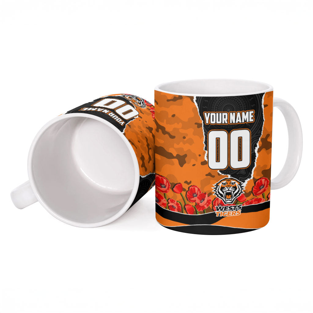Personalized Wests Tigers ANZAC Tribute Ceramic Mug Poppy Field Soldier Silhouette Aboriginal Rugby Mascot