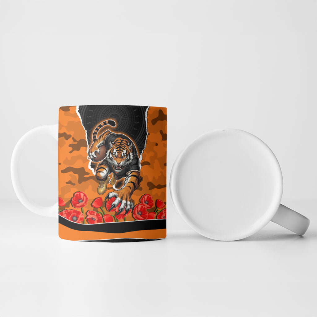 Personalized Wests Tigers ANZAC Tribute Ceramic Mug Poppy Field Soldier Silhouette Aboriginal Rugby Mascot