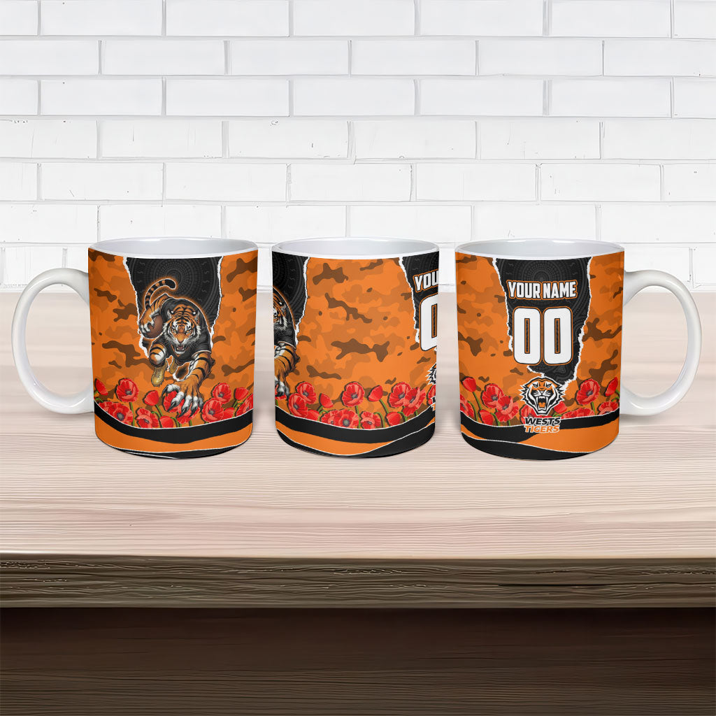 Personalized Wests Tigers ANZAC Tribute Ceramic Mug Poppy Field Soldier Silhouette Aboriginal Rugby Mascot
