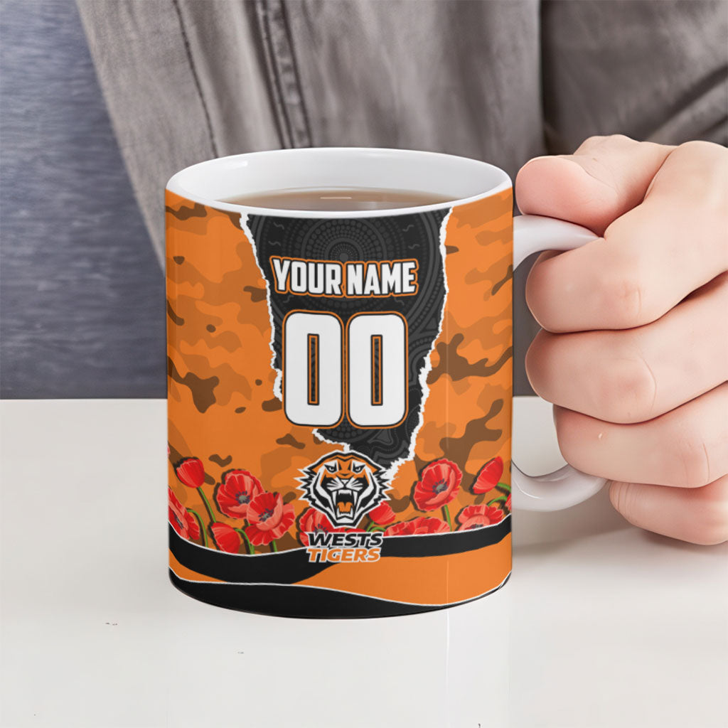 Personalized Wests Tigers ANZAC Tribute Ceramic Mug Poppy Field Soldier Silhouette Aboriginal Rugby Mascot