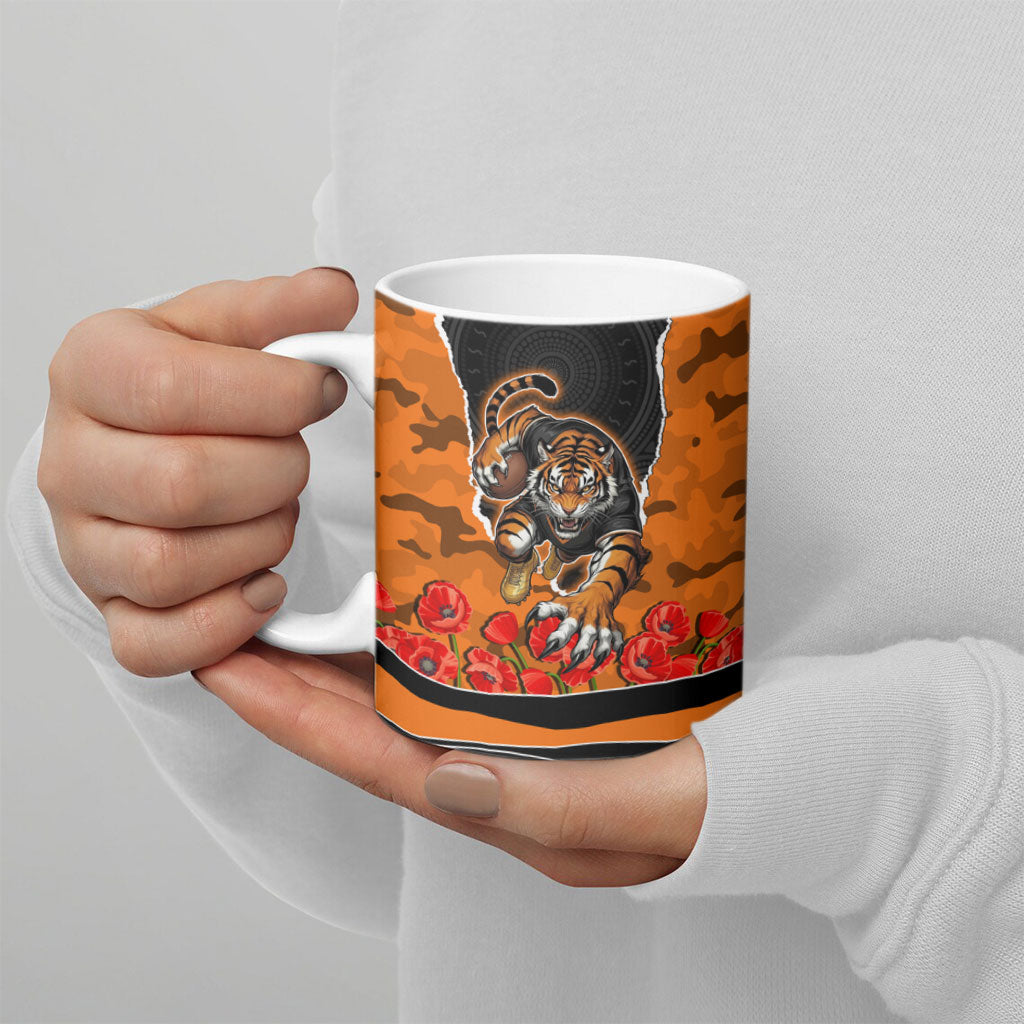 Personalized Wests Tigers ANZAC Tribute Ceramic Mug Poppy Field Soldier Silhouette Aboriginal Rugby Mascot