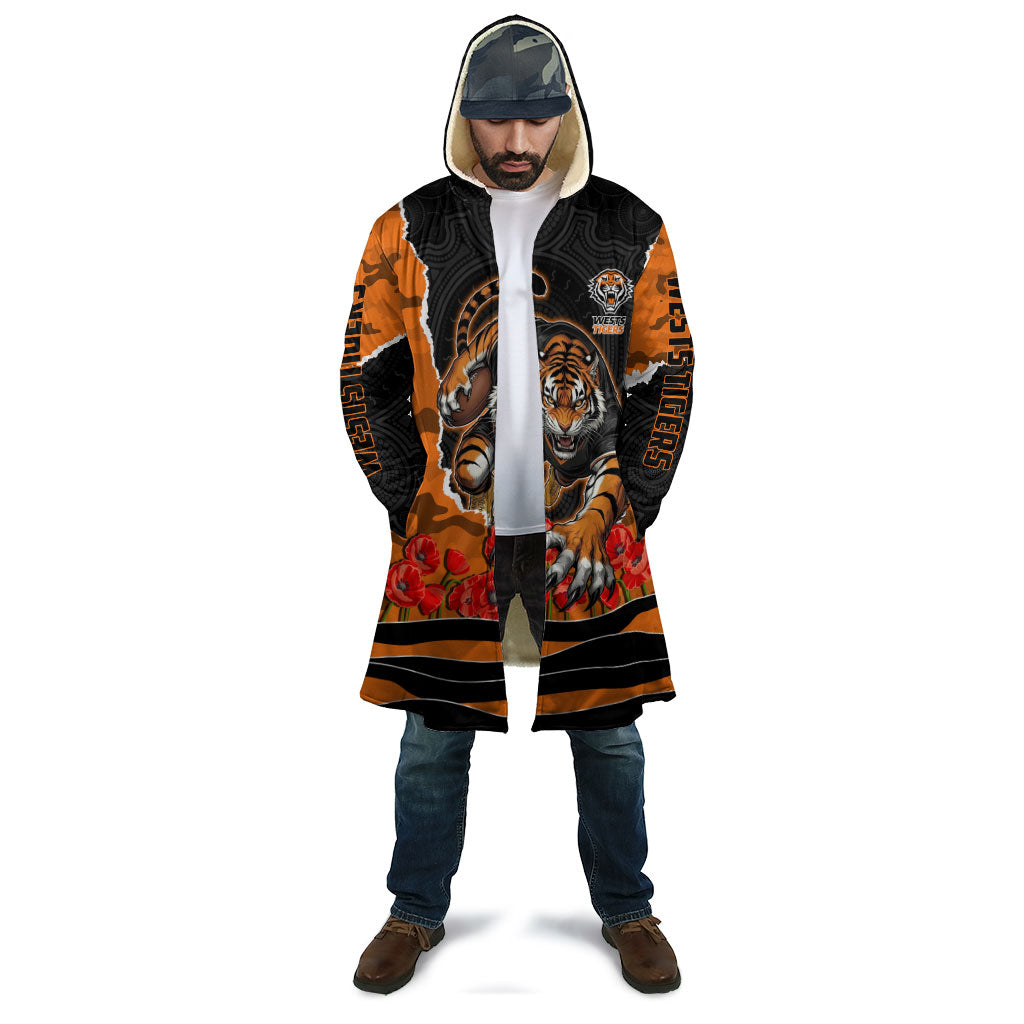 Personalized Wests Tigers ANZAC Tribute Cloak Poppy Field Soldier Silhouette Aboriginal Rugby Mascot