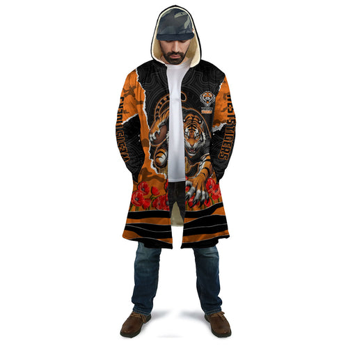 Personalized Wests Tigers ANZAC Tribute Cloak Poppy Field Soldier Silhouette Aboriginal Rugby Mascot