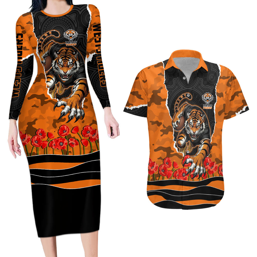 Personalized Wests Tigers ANZAC Tribute Couples Matching Long Sleeve Bodycon Dress and Hawaiian Shirt Poppy Field Soldier Silhouette Aboriginal Rugby Mascot