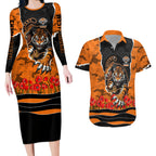 Personalized Wests Tigers ANZAC Tribute Couples Matching Long Sleeve Bodycon Dress and Hawaiian Shirt Poppy Field Soldier Silhouette Aboriginal Rugby Mascot
