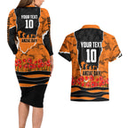 Personalized Wests Tigers ANZAC Tribute Couples Matching Long Sleeve Bodycon Dress and Hawaiian Shirt Poppy Field Soldier Silhouette Aboriginal Rugby Mascot